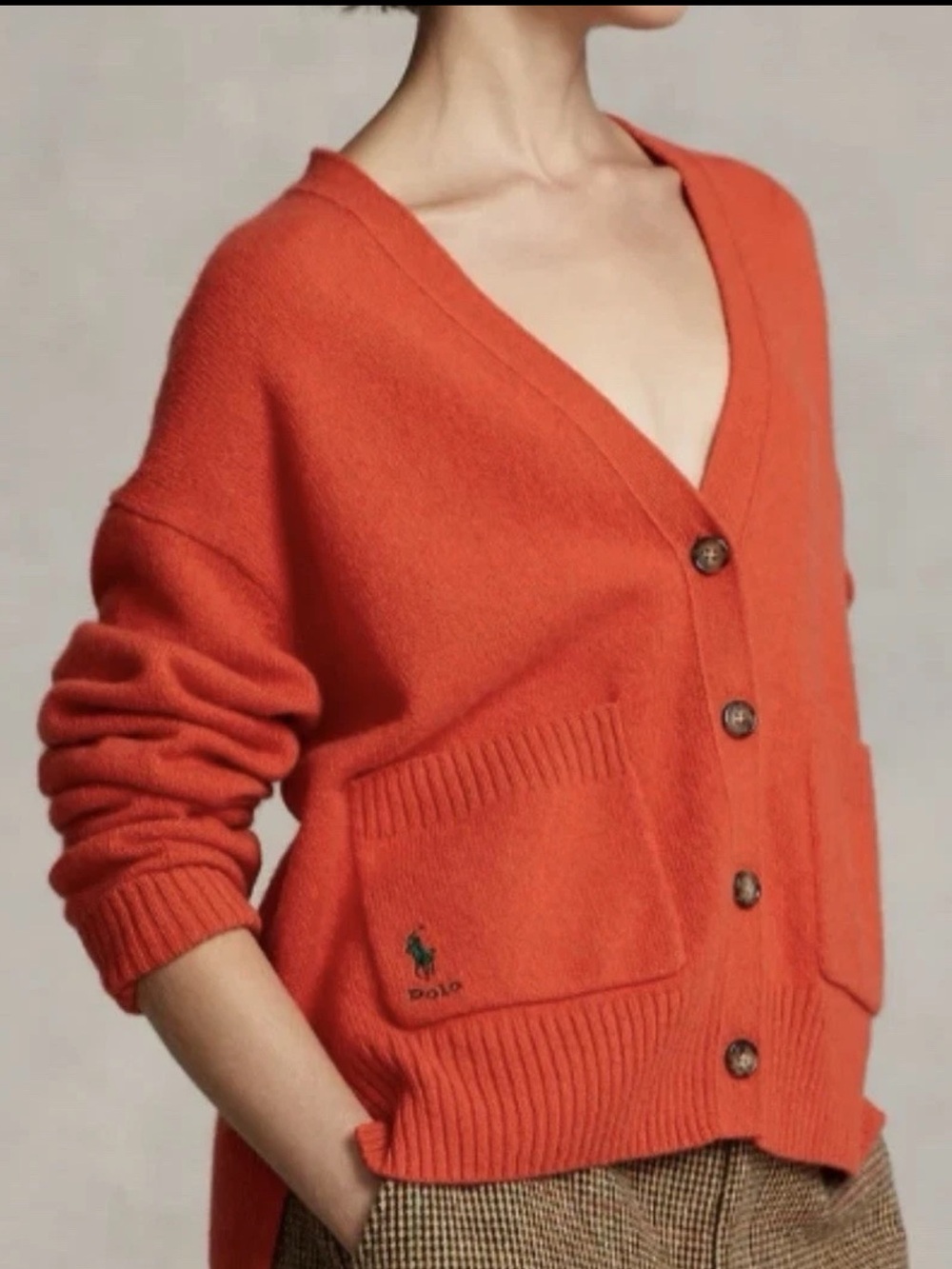 Polo Ralph Lauren Wool Cashmere Blend Patch Pockets Orange Cardigan sz SP